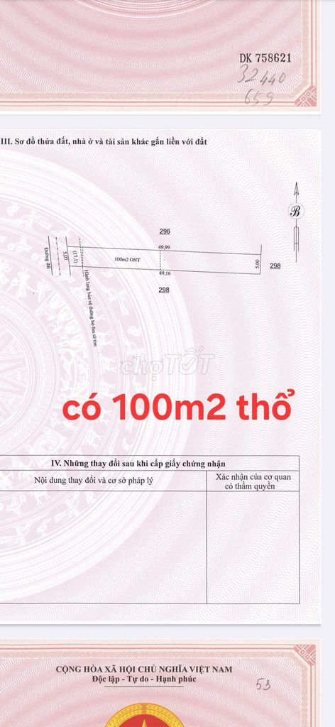 25 lô đất = 1,7ha, mổi lô có 100m2 T cư, Thiện Hưng, Bù Đốp, B Phước