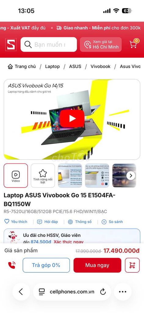 Asus Vivobook Go 15 R5-7520U 16GB/512GB 15.6 inch. Mua bán Laptop tại Thành phố Thủ Đức Tp Hồ Chí Minh được đăng bởi Hoàng Anh hình 1