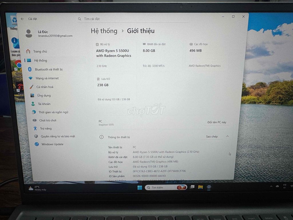 Dell Inspiron 5515 Ryzen 5 8GB/238GB SSD Xám. Mua bán Laptop tại Thành phố Thủ Dầu Một Bình Dương được đăng bởi Lê Văn Đức hình 1