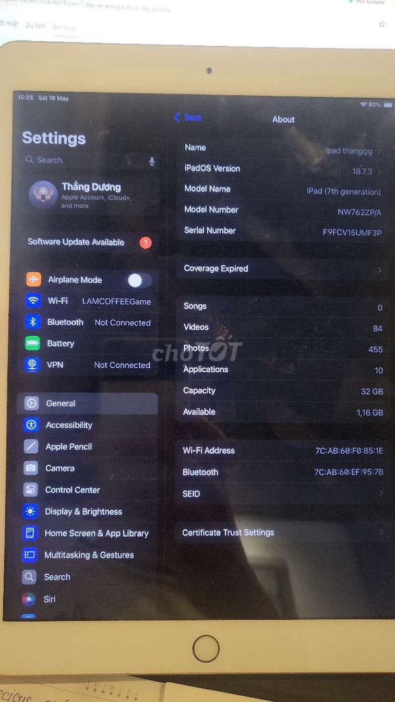 Apple iPad Gen 7 32GB Vàng Đã sử dụng. Mua bán Máy tính bảng tại Quận Bình Thạnh Tp Hồ Chí Minh được đăng bởi Thắng Dương hình 1