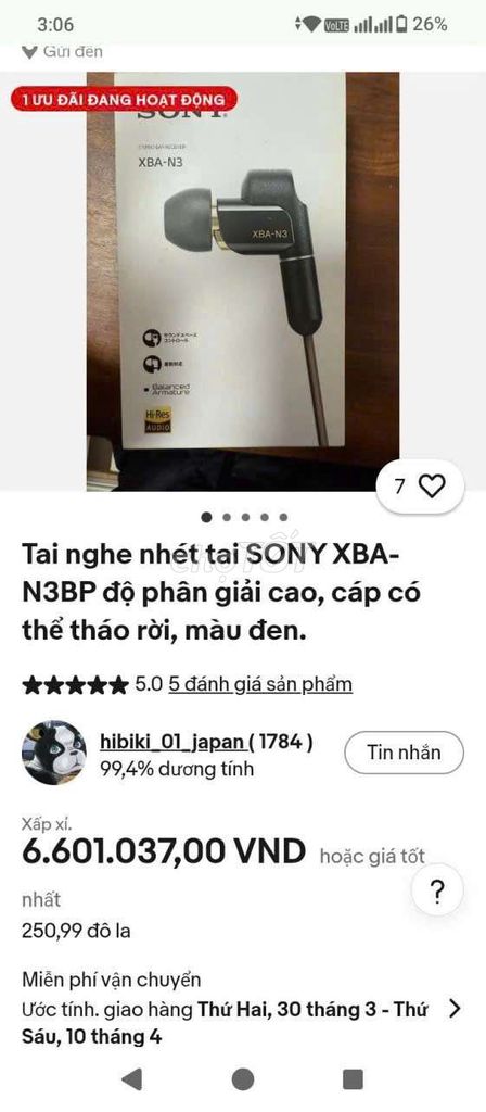 Tai nghe Sony XBA-N3AP Đen. Mua bán Tivi, Âm thanh tại Quận 11 Tp Hồ Chí Minh được đăng bởi CHANNAL Noble falcon anc  hình 1