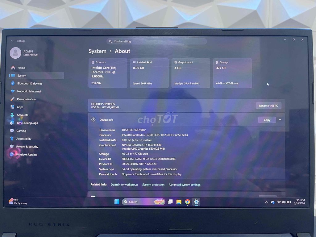 ASUS ROG STRIX I7-9750H 15.6 inch 8GB/512GB. Mua bán Laptop tại Quận Gò Vấp Tp Hồ Chí Minh được đăng bởi Trương Đình Hương hình 1