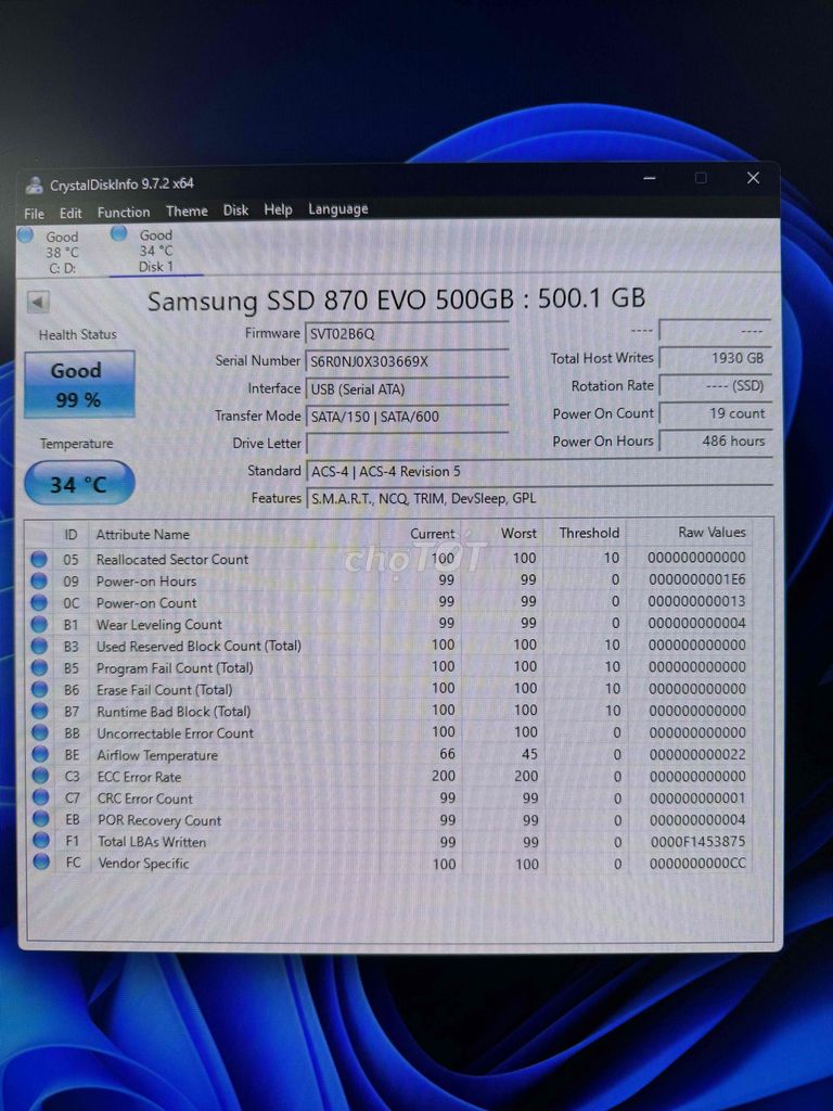 Ổ cứng SSD Samsung 870 EVO 500GB 99%. Mua bán Linh kiện (RAM, Card...) tại Quận Hải An Hải Phòng được đăng bởi Nguyễn Thuận hình 1