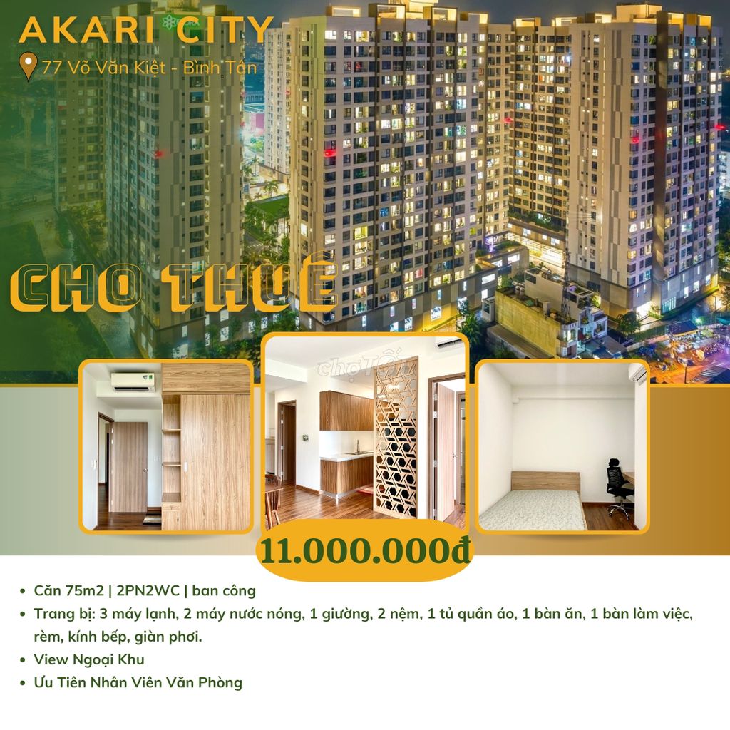 Cho thuê Akari City 75m2 2pn2wc, có nội thất, view ngoại khu.