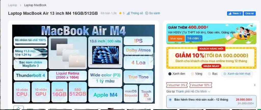 Apple MacBook Air M4 13 inch 16GB/512GB. Mua bán Laptop tại Huyện Hóc Môn Tp Hồ Chí Minh được đăng bởi Duy Lê hình 1