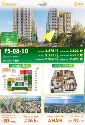 Chính chủ bán căn 1PN+ 54m2 FourS view pháo hoa rẻ nhất CĐT Sun Group