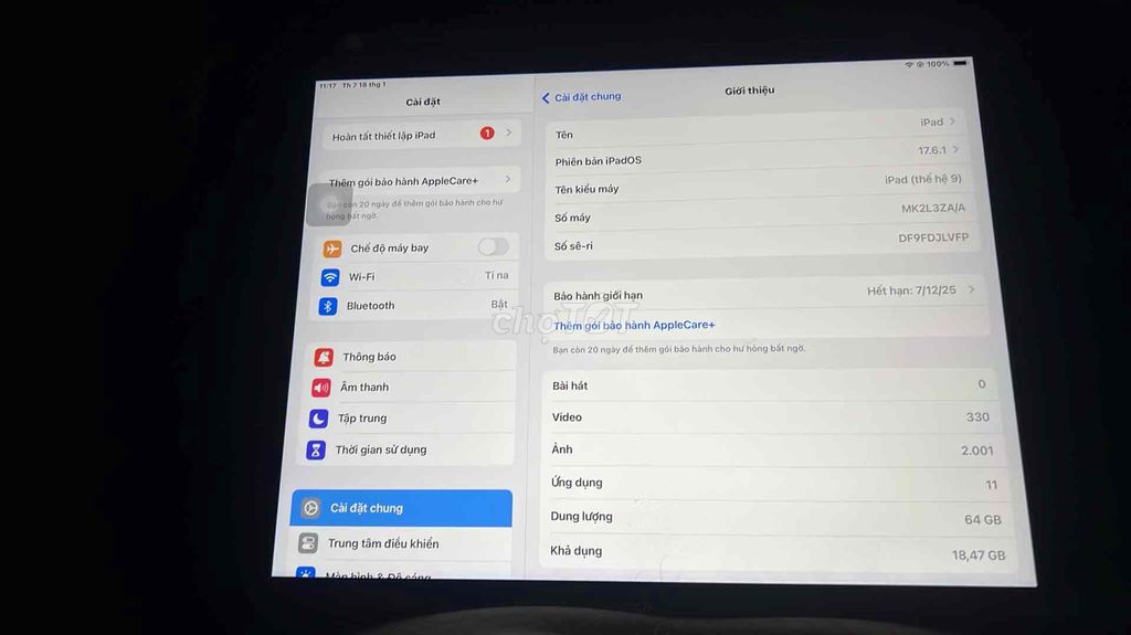 ipad gen 9 màu xám bản wifi ,64gb,còn bảo hành