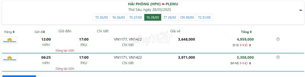 HẢI PHÒNG (HPH) PLEIKU Thứ Sáu, ngày 28/03/2025