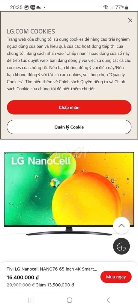 BÁN CON 65 INCH  TRÀN VIỀN LG NANOCELL 65NANO76