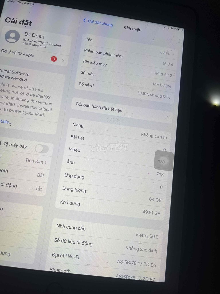 Apple iPad Air 2 64GB 97% mới. Mua bán Máy tính bảng tại Quận Thanh Khê Đà Nẵng được đăng bởi Ba Doan hình 1