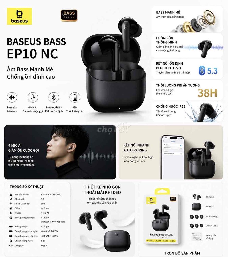 Tai nghe Bluetooth Baseus Bass EP10 NC Đen. Mua bán Tivi, Âm thanh tại Thị xã Bến Cát Bình Dương được đăng bởi Thành Long Phát hình 1