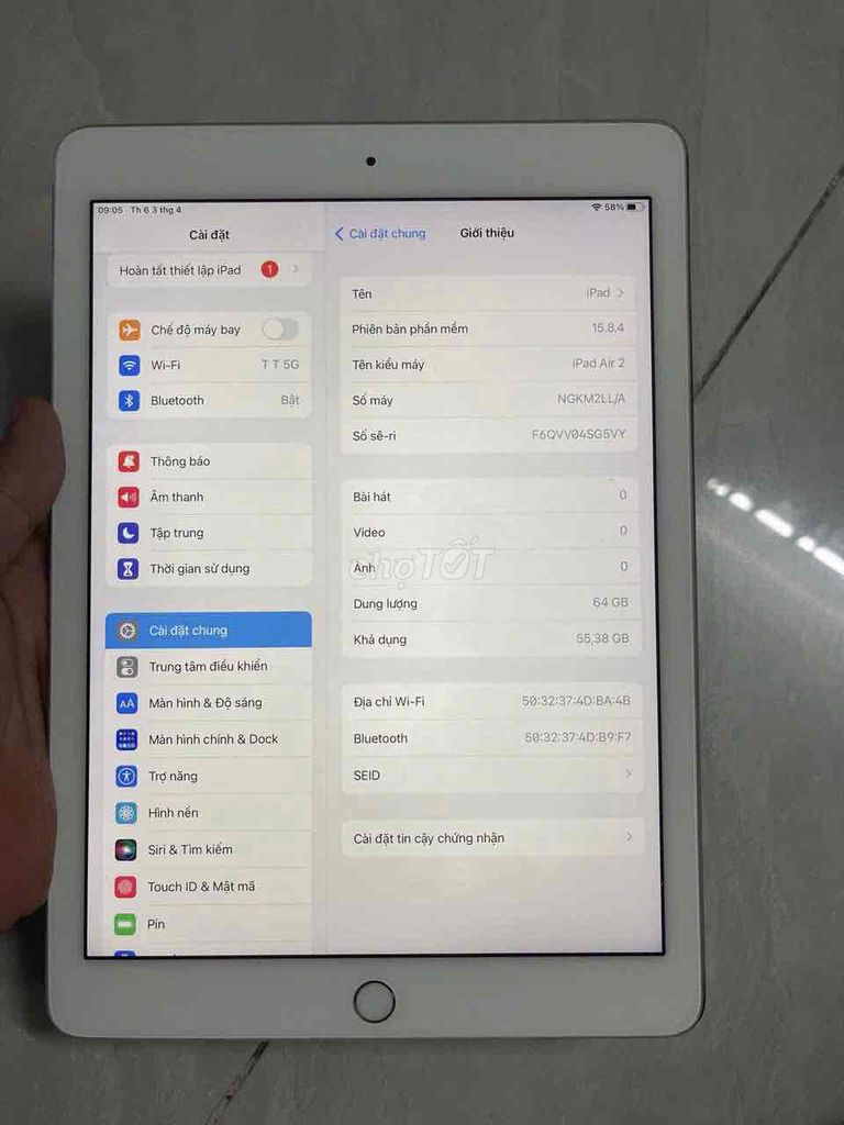 iPad Air 2 64GB máy zin pin93% icloud trống Ok. Mua bán Máy tính bảng tại Quận 8 Tp Hồ Chí Minh được đăng bởi điện thoại giá rẻ  hình 1