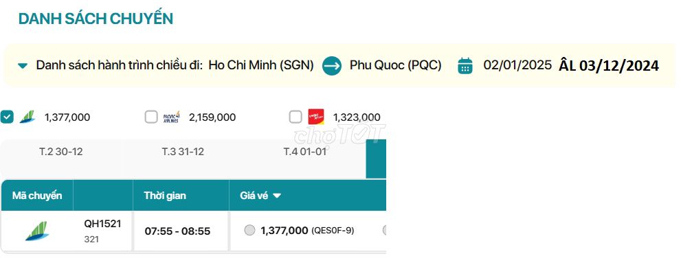 Hồ Chí Minh - Phú Quốc  02/01/2025 ÂL 03/12/2024