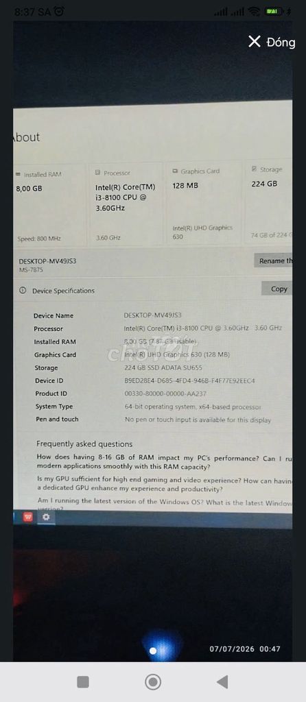 Dell OptiPlex 3060 i3-8100 8GB/224GB SSD. Mua bán Máy tính để bàn tại Quận Tân Phú Tp Hồ Chí Minh được đăng bởi Ngân hình 1