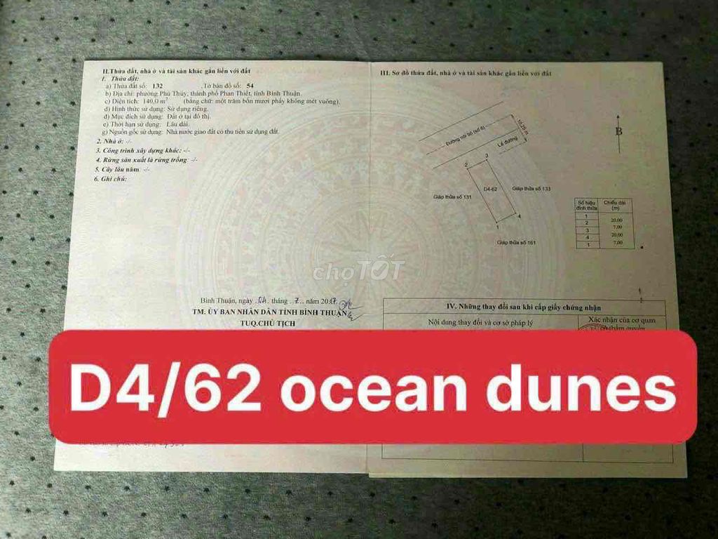 CẦN BÁN LÔ ĐẤT ĐẸP OCEAN DUNES 140m2 THỔ CƯ PHỐ BIỂN PHAN THIẾT