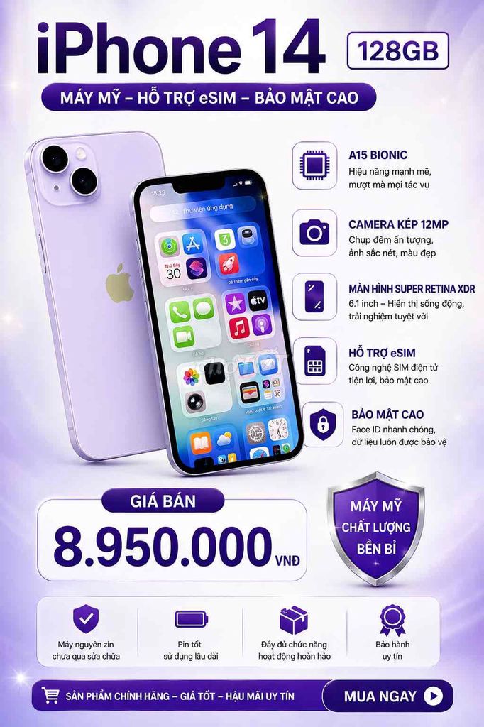 iPhone 14 128GB Tím Mỹ - Góp Nợ Xấu - Lên Đời. Mua bán Điện thoại tại Quận Ninh Kiều Cần Thơ được đăng bởi Nguyên Mobile Thanh Lý Đổi Máy hình 1