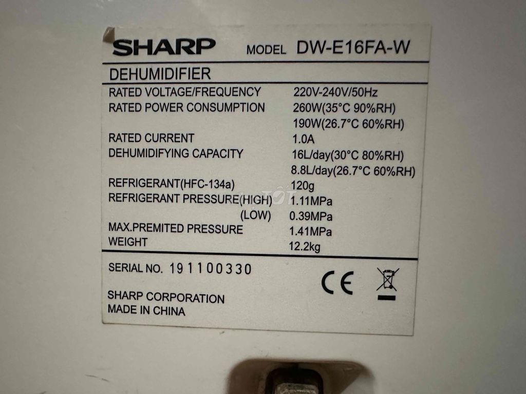 máy hút ẩm sharp dw-e16fa-w