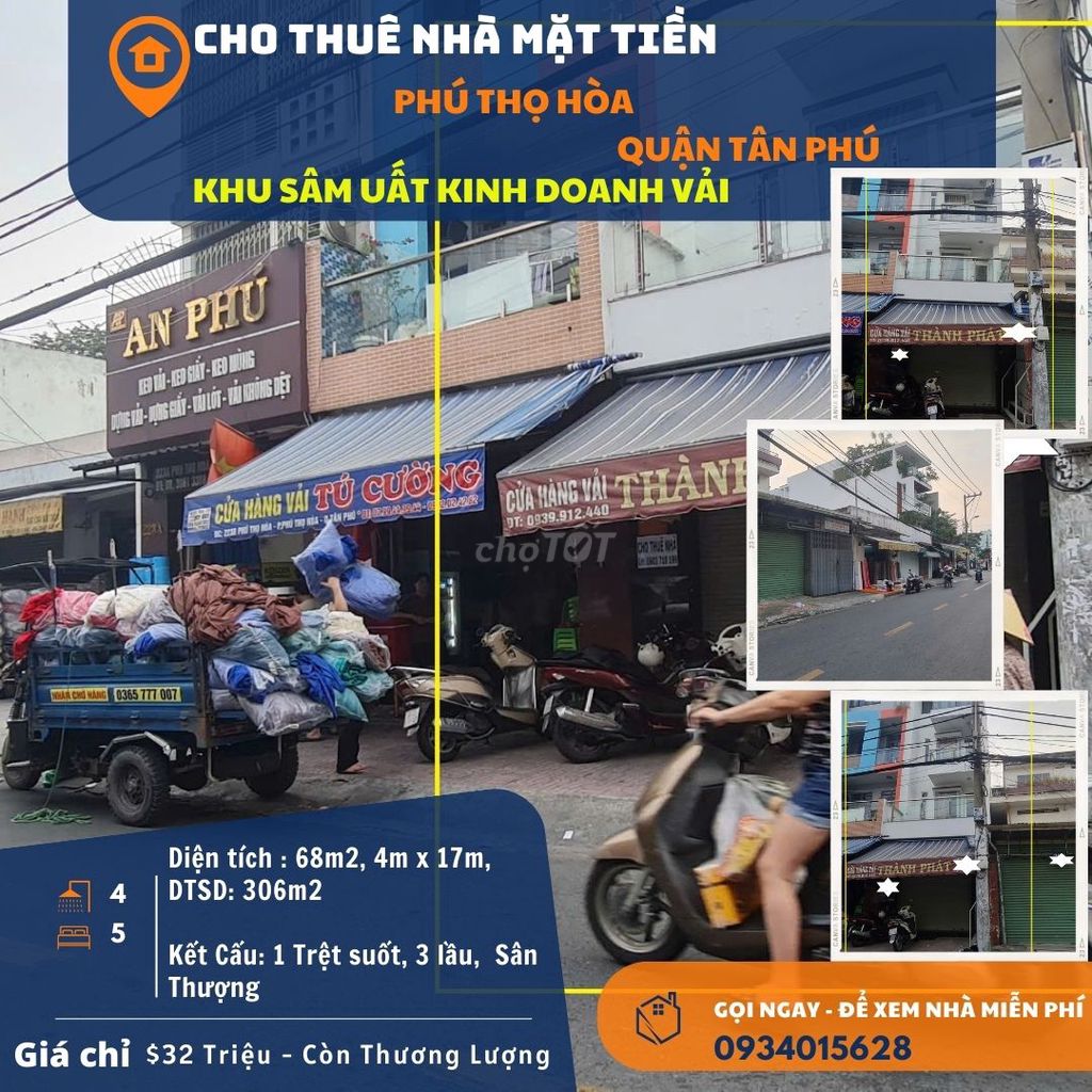 Cho thuê nhà Mặt Tiền Phú Thọ Hòa 68m2, 3Lầu +ST - CỰC SẦM UẤT