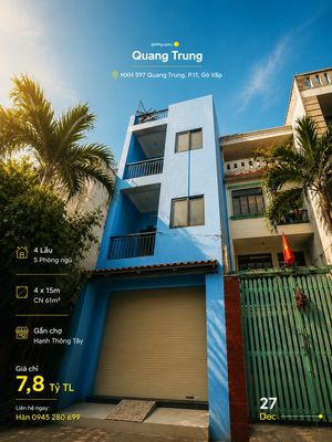 HXH 597 Quang Trung P11 4x15 CN 61m2 4L gần chợ Hanh Thông Tây 7,8tỷTL