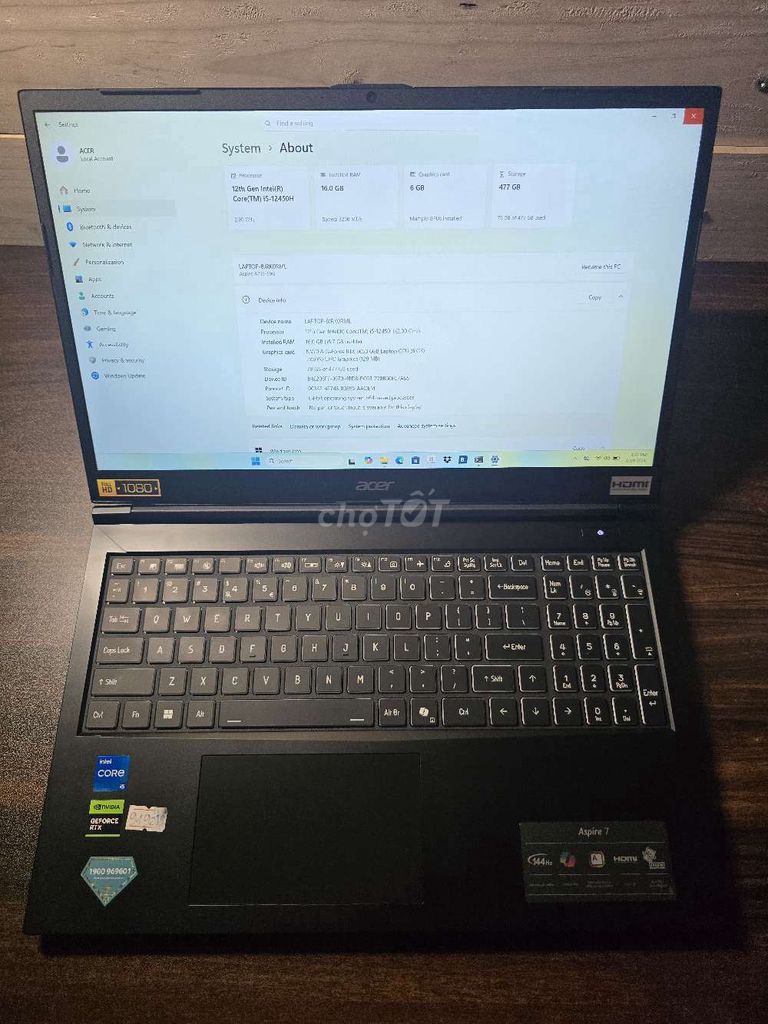 0192 Acer Aspire 7 A715 i5-12450H/16G/RTX3050 6G. Mua bán Laptop tại Quận Bình Tân Tp Hồ Chí Minh được đăng bởi T D Laptop hình 1