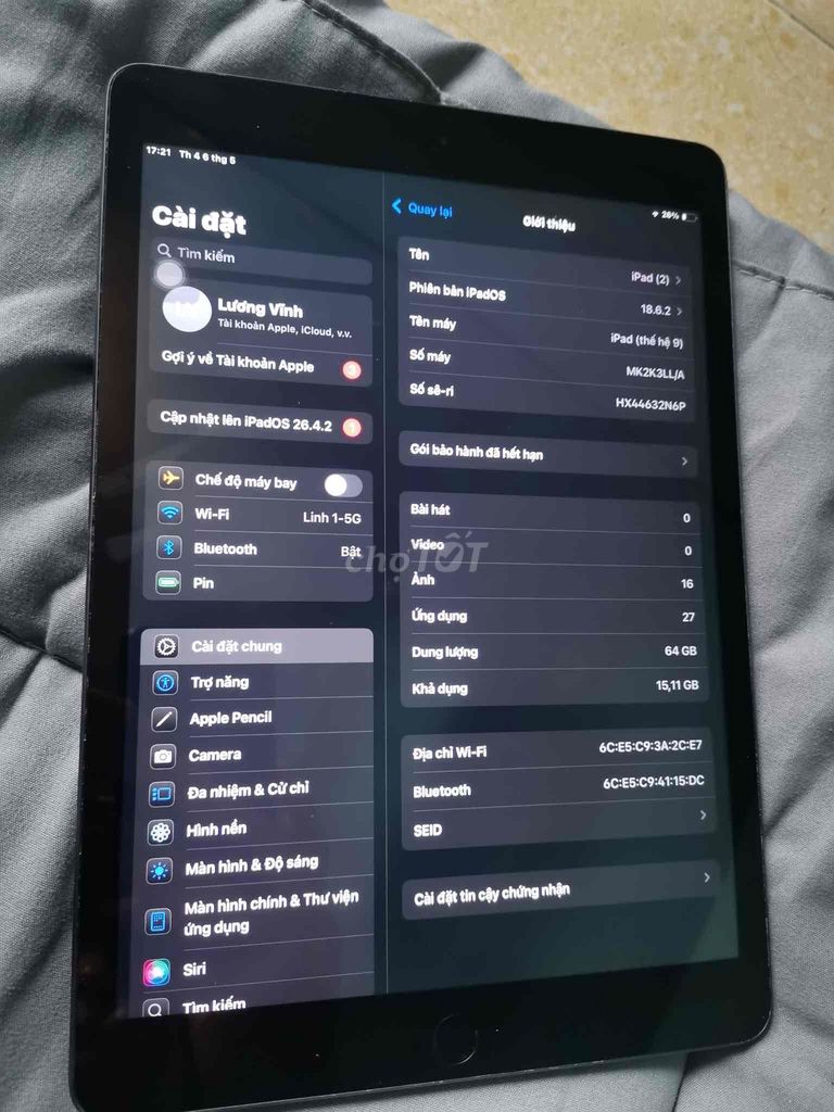 Apple iPad Gen 9 64GB Xám. Mua bán Máy tính bảng tại Huyện Bình Chánh Tp Hồ Chí Minh được đăng bởi Lương Hồng Vĩnh hình 1
