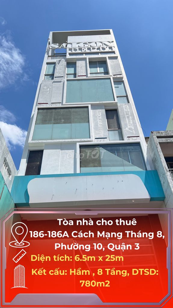 Cho thuê nhà MTKD CMT8, Quận 3, Hầm, 8 Tầng trống suốt, Giá 195 tr/th