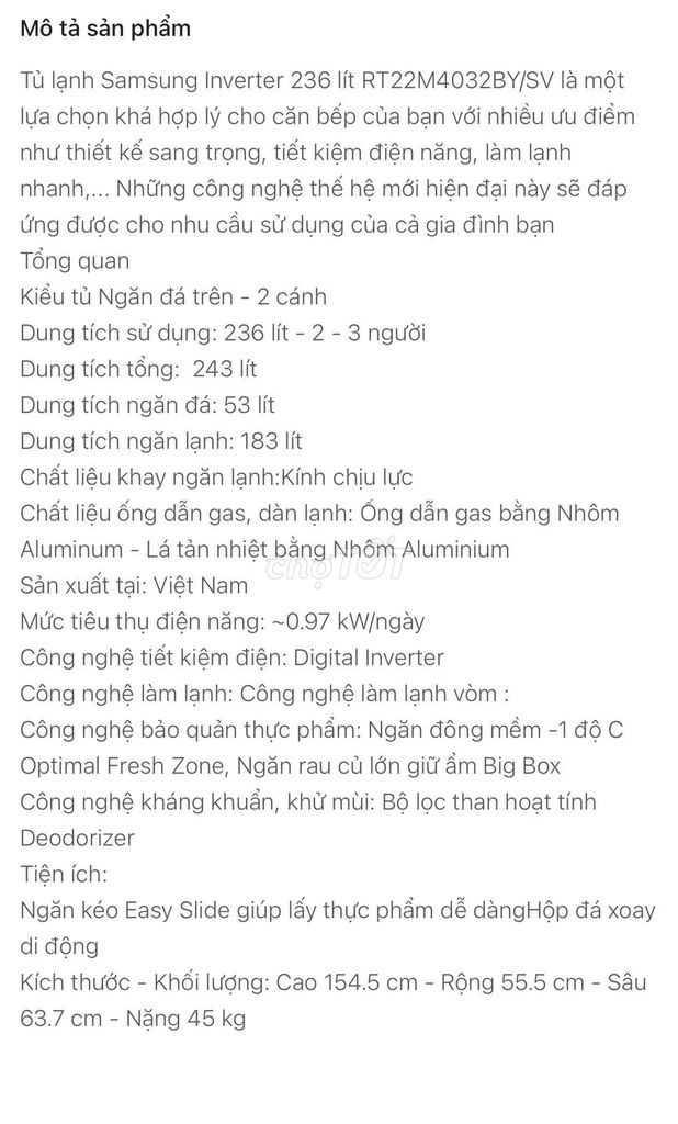 Tủ Lạnh Samsung 243l mới 95%