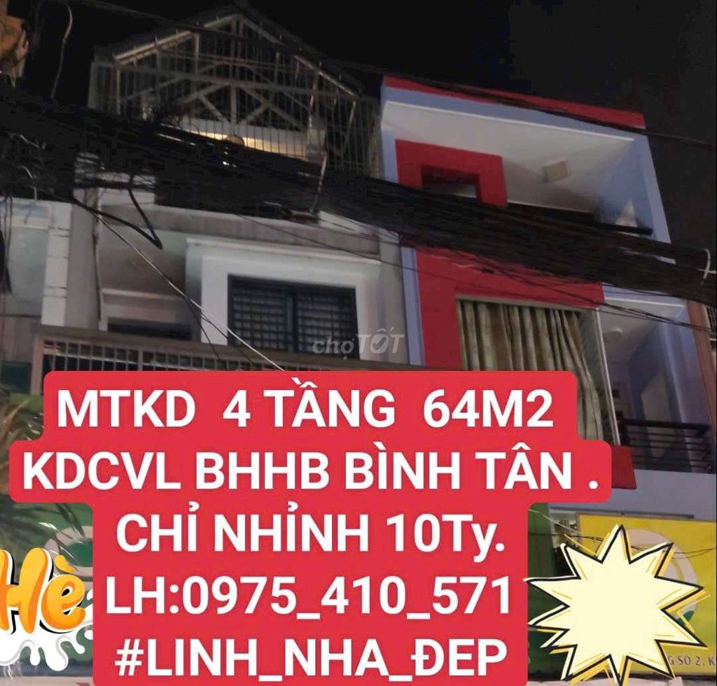 Nhỉnh 10tỷ có nhà MTKD 4 TẦNG 64M2 KDCVL.Bhhb. Bình Tân Cho thuê 25/1t