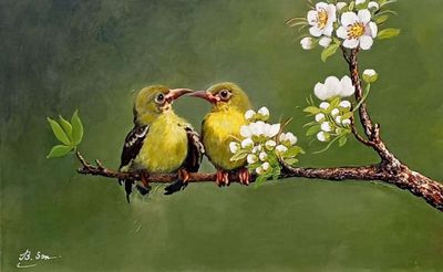 Tranh sơn dầu vẽ tay đôi chim trên cành khổ 50x70