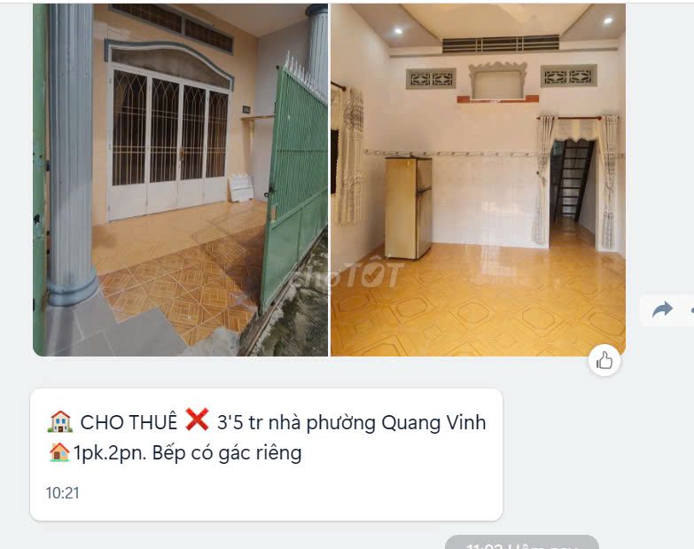 CHO THUÊ NHÀ NGUYÊN CĂN PHƯỜNG QUANG VINH, THÀNH PHỐ BIÊN HOÀ 3,5TR