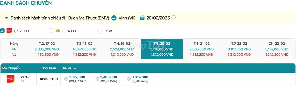 Buôn Ma Thuột - Vinh  20/02/2025