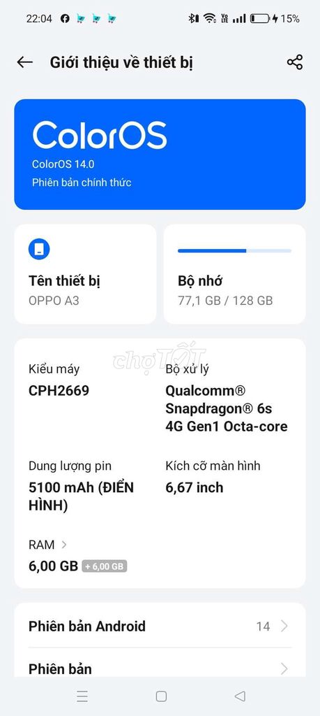 Oppo A3 2024 128GB. Mua bán Điện thoại tại Quận Tây Hồ Hà Nội được đăng bởi anh tú hình 1