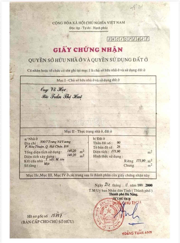 BÁN NHÀ KIỆT 392 Trưng Nữ Vương – Cách đường Trưng Nữ Vương 50m.  * Đị
