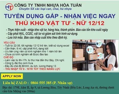 TUYỂN THỦ KHO VẬT TƯ NỮ - NHẬN VIỆC NGAY- BẾN LỨC