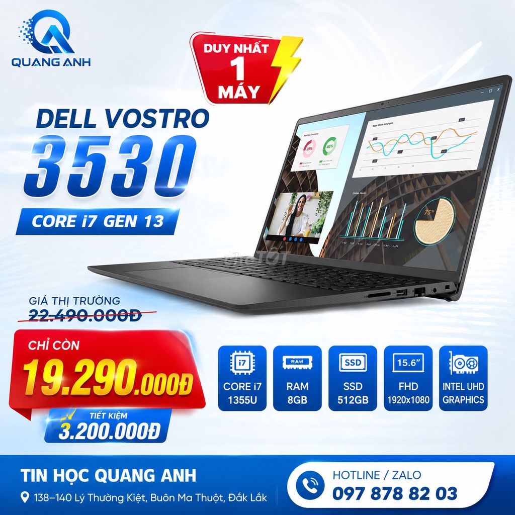 Dell Vostro 3530 i7 Gen 13 15.6 inch 8GB/512GB Đen. Mua bán Laptop tại Thành phố Buôn Ma Thuột Đắk Lắk được đăng bởi Tin học Quang Anh  hình 1