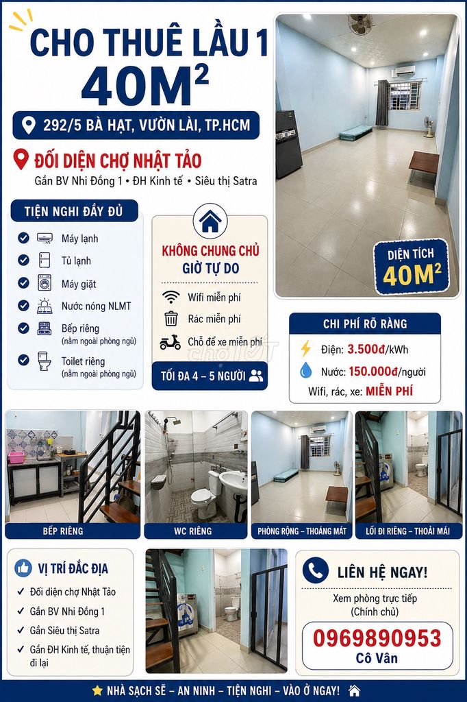 Cho thuê nguyên lầu 1 đối diện Chợ Nhật Tảo, vị trí rất thuận tiện.