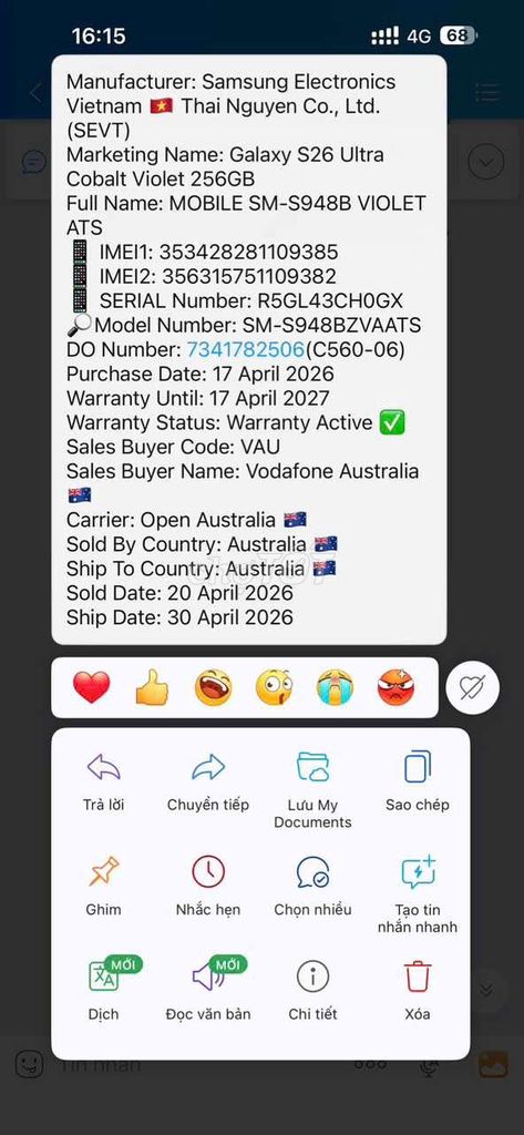 Samsung Galaxy S26 Ultra 256GB Tím Úc. Mua bán Điện thoại tại Quận Bình Tân Tp Hồ Chí Minh được đăng bởi Phan Viet Tu hình 1