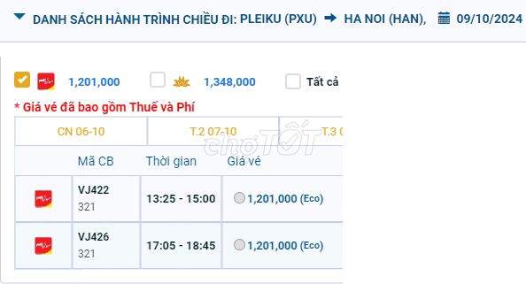 Pleiku (PXU) - Tân Sơn Nhất (SGN) 08/10/2024