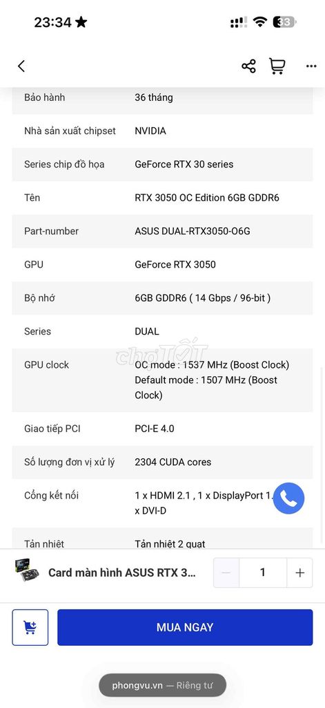 Card màn hình ASUS RTX 3050 OC Edition. Mua bán Linh kiện (RAM, Card...) tại Thành phố Tây Ninh Tây Ninh được đăng bởi Shop Arduino Tây Ninh hình 1