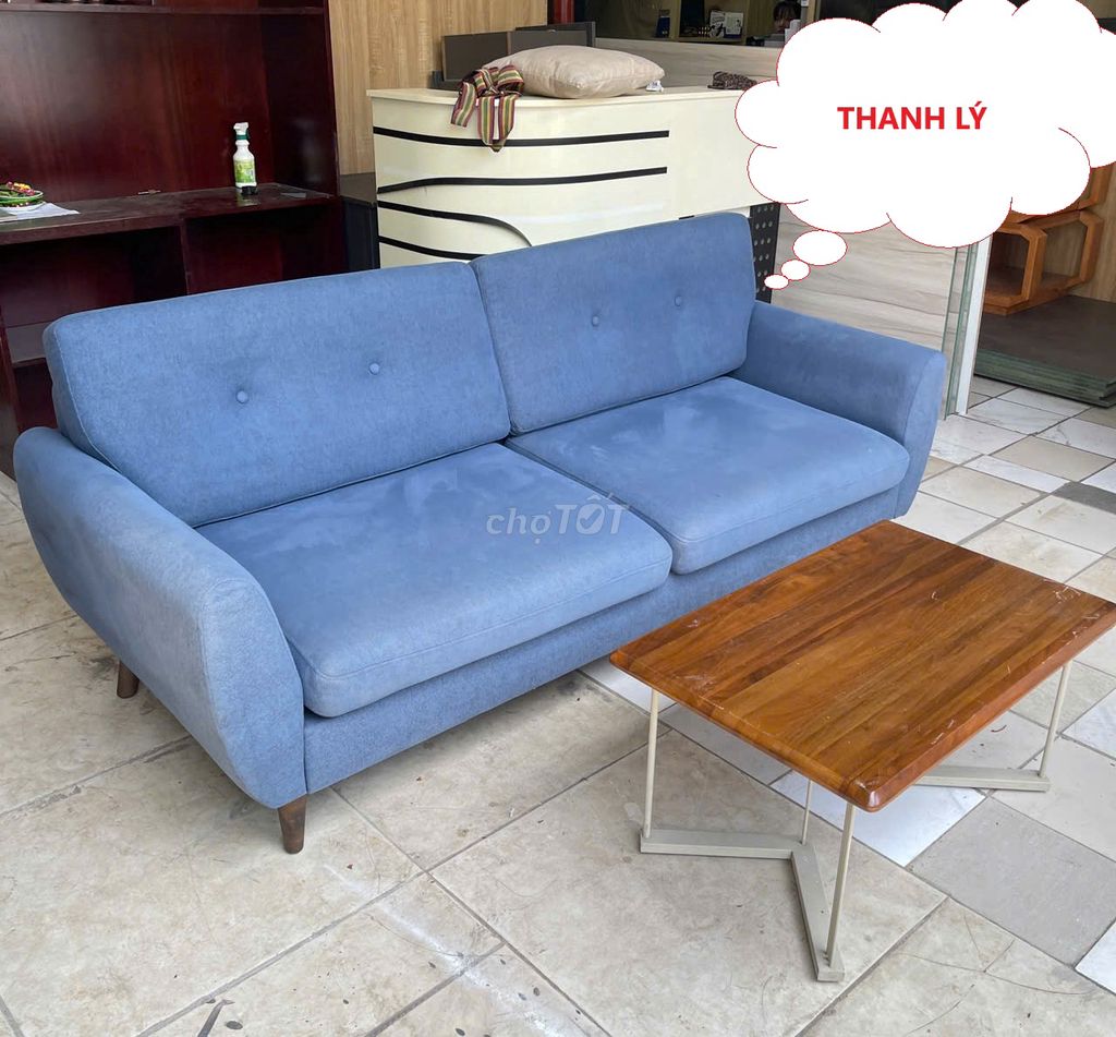 Bộ ghế sofa nệm bọc vải màu xanh kèm bàn,sofa cafe