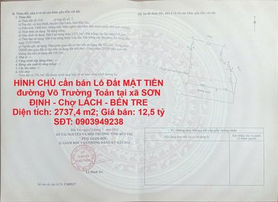 Đất MẶT TIỀN đường Võ Trường Toản tại xã SƠN ĐỊNH - Chợ LÁCH - BẾN TRE. Mua bán đất tại Huyện Chợ Lách Bến Tre được đăng bởi Chính Chủ
