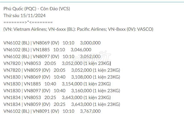 Phú Quốc (PQC) - Côn Đảo (VCS) Thứ sáu 15/11/2024