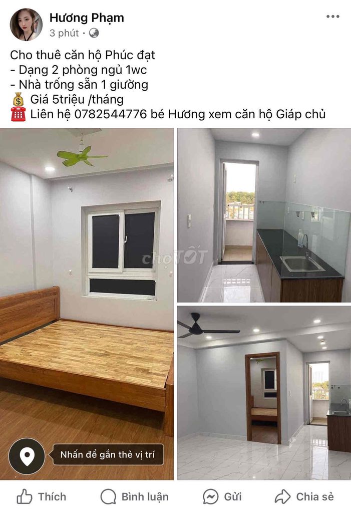 CHO THUÊ CHUNG CƯ PHÚC ĐẠT 1-2PN TRỐNG HOẶC FULL NỘI THẤT