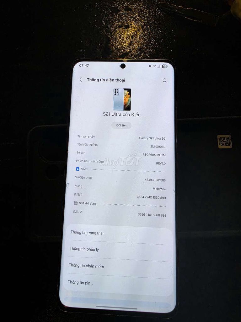 s21 ultra. 12. 128. màn zin. lưng zin.  nguyên con. Mua bán Điện thoại tại Thành phố Thủ Đức Tp Hồ Chí Minh được đăng bởi Nguyễn Kiều hình 1