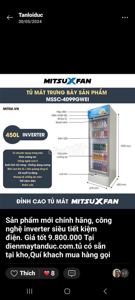 Tủ Mát TRƯNG BÀY 450L MITSUFAN. chính hãng