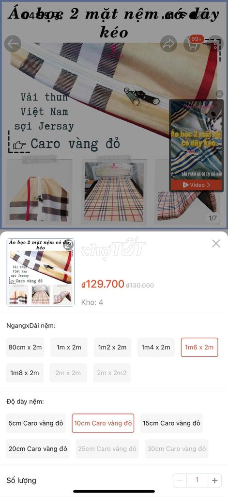 Nệm bông ép Vạn Thành 1m6x2mx9cm + TẶNG vỏ bọc nệm