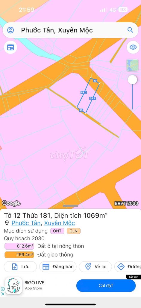 1.069m (40m thổ) tại Phước Tân - Xuyên Mộc giá 3.5 tỷ