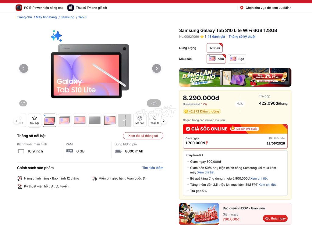 Samsung Tab S10 Lite 6GB/128GB Chính hãng FPT . Mua bán Máy tính bảng tại Quận Đống Đa Hà Nội được đăng bởi Thế Hoàng hình 1