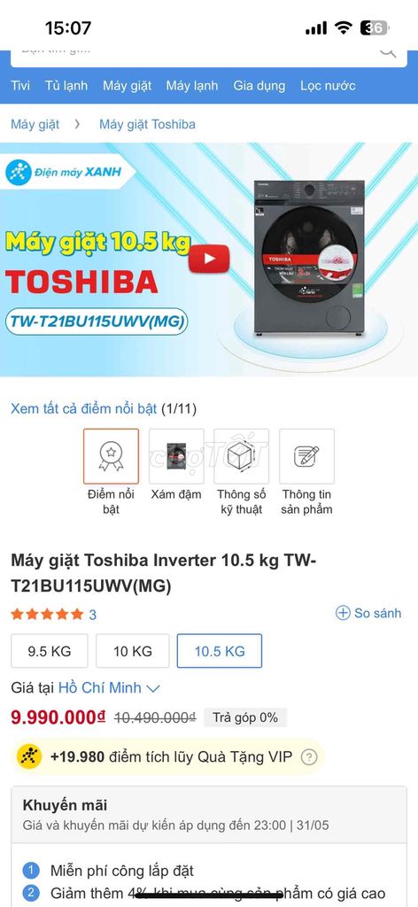 Máy giặt Toshiba Inverter 10.5 kg hàng trưng bày