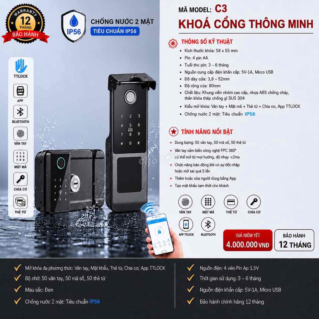 Khóa điện tử C3 chuyên dụng cửa cổng. Mua bán Nội thất, đồ gia dụng khác tại Quận Bình Tân Tp Hồ Chí Minh được đăng bởi Hưng Nguyễn hình 1